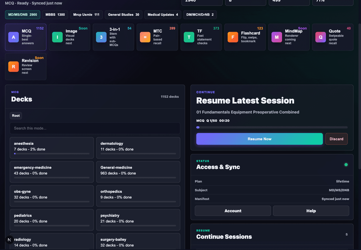 QurioMed practice hub with subject selection, mode cards, deck browsing, resume sessions, and synced performance.