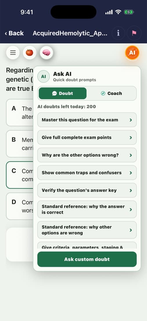 Ask AI quick prompts on an MCQ: master this question, full exam points, why other options are wrong, common traps, verify the answer key.